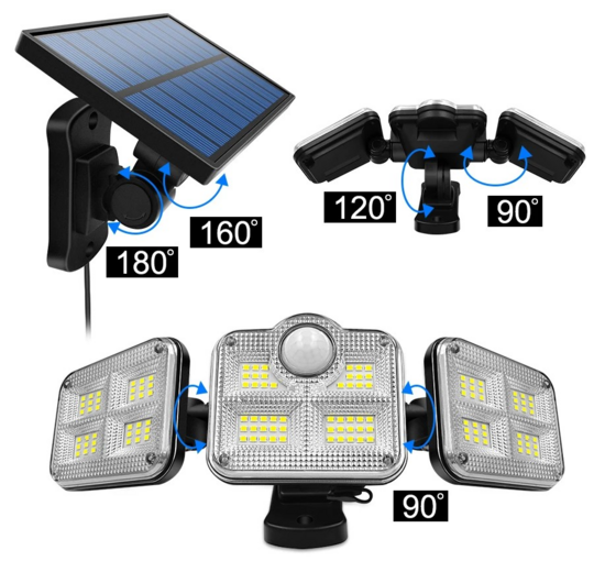 Bewegungssensor für Solarbeleuchtung im Freien, 122 LED, wasserdicht mit verstellbarem Kopf, großer Beleuchtungswinkel 