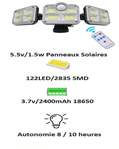 Bewegungssensor für Solarbeleuchtung im Freien, 122 LED, wasserdicht mit verstellbarem Kopf, großer Beleuchtungswinkel 